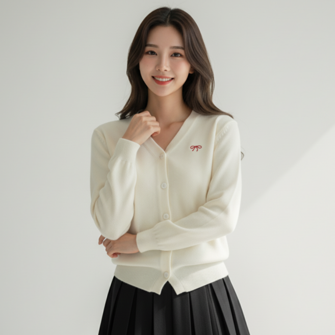 [기획전] 누보마켓 보들보들 여성 봄 가을 데일리 러블리 베이직 브이넥 리본자수 니트 가디건