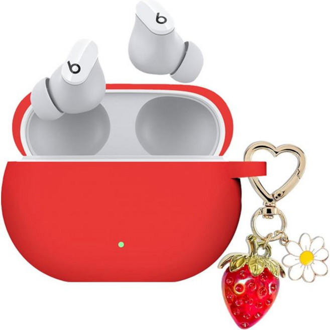 비츠 헤드폰 실리콘 커버 변색방지 보호캡 호환 귀여운 딸기 참 하트 열쇠고리가 있는 Beats Studio Buds Plus 케이스 커버 새로운 Buds용 소프트 보호 여성, Red
