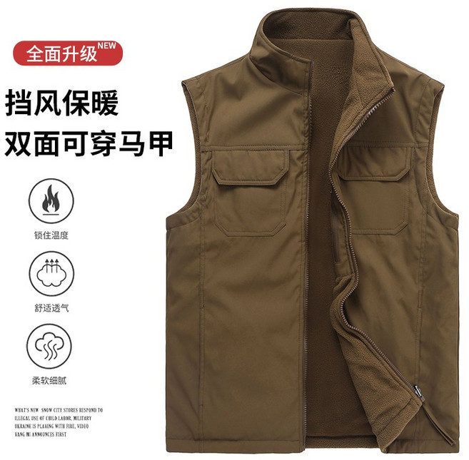 復古軍旅風工裝馬甲 加絨雙面穿多口袋短款棉服