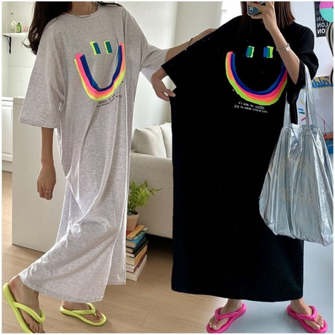 렛잇샤인 오버핏 빅사이즈 호호 형광네온스마일 여름휴가룩 홈웨어 캐쥬얼 반팔 롱원피스