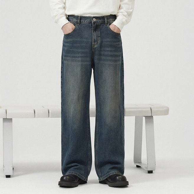 루크 남성 밴딩 와이드 워싱 청바지 봄가을 기본 일자 팬츠 데일리 편안한 캐주얼 블루진 간절기 힙한 스트릿 체형커버 패션 하의