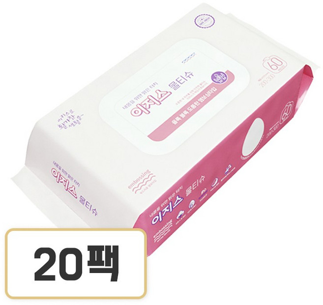이지스 플랫/엠보싱 대형 케어물티슈 캡형 (20x30cm), 엠보(앰보싱,핑크)대형 케어물티슈, 60매입, 20개