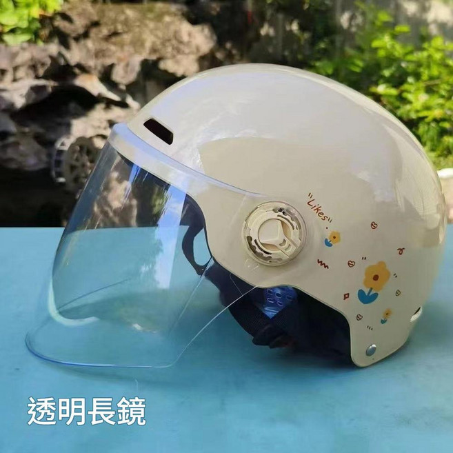 電動車安全帽 女 四季通用 透明長鏡 卡其小花兒, 卡其小花兒 透明長款 高畫質防霧
