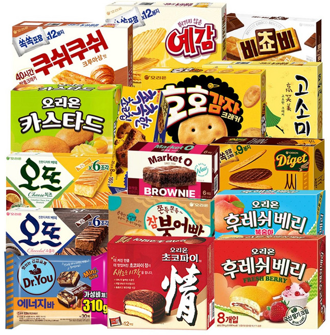 [냠냠상회] 초코파이+후레쉬베리+예감+참붕어빵+카스타드+다이제씬+브라우니+오뜨+비쵸비+에너지바+호호감자+촉촉한 초코칩 등 대용량 오리온 개별포장 사무실 간식 과자세트, 1세트, 16p