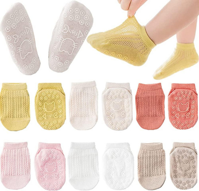 BEHELE Baby Grip Socks 유아용 미끄럼 방지 얇은 메시 아일렛 양말 여아 남아 바닥 크루 발목 양말 멀티컬러. 146866