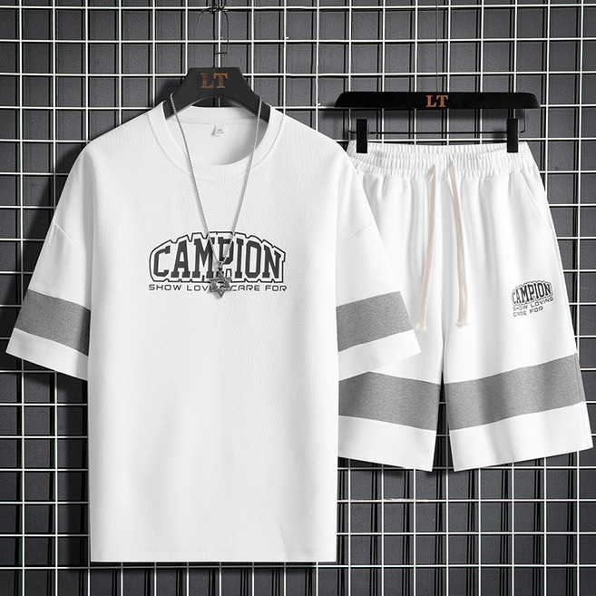 ANYOU 여름 남성 트레이닝 세트 스쿨룩 캐주얼 반팔티+반바지 투피스