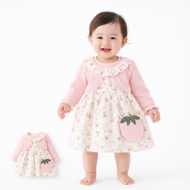 여아 긴팔 원피스 봄가을 플라워 패턴 핑크 딸기 가방 세트