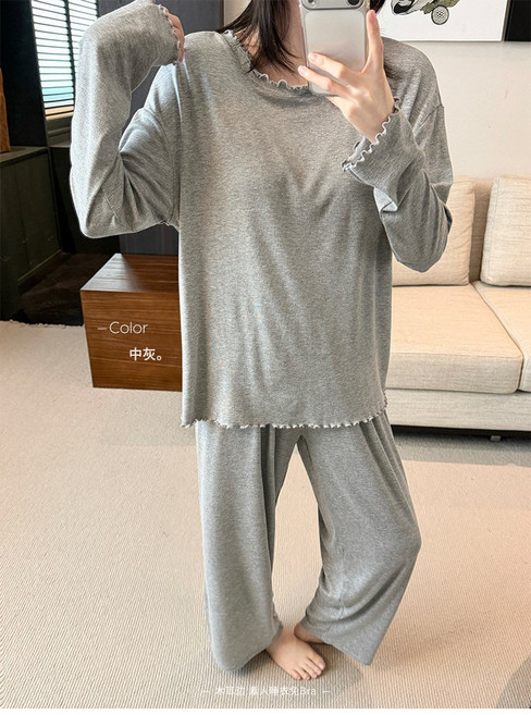 3231免穿Bra長袖睡衣女春夏新款木耳邊帶胸墊家居服防走光女套裝