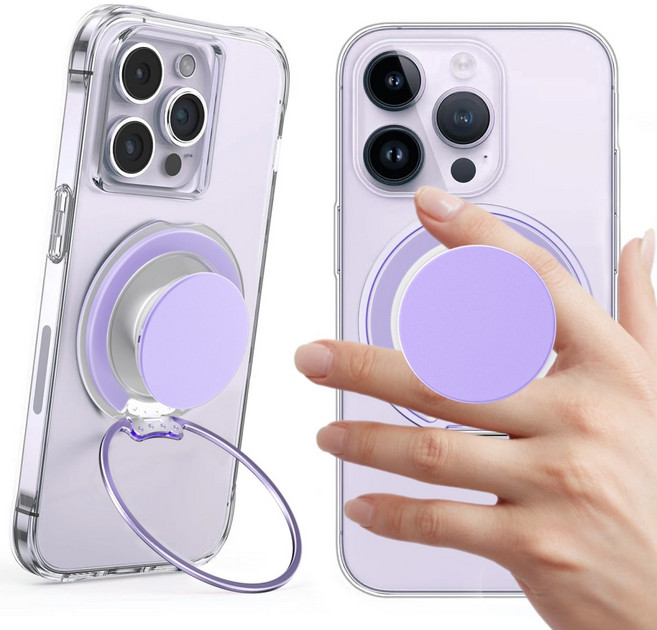 맥세이프 그립 홀더 스탠드 - 아이폰 갤럭시 조절 가능한 킥스탠드가 있는 맥스세이프 휴대폰 그립, 1개, 투명 + 바이올렛