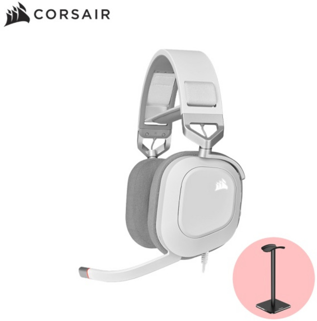 (CORSAIR) (헤드셋) 커세어 게이밍 헤드셋 HS80 RGB(USB/7.1ch/화이트)(헤드셋 거치대 SET), 화이트, HS80 RGB