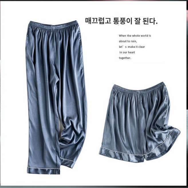 신혼 샤워 남성 실크 잠옷 얇은 데이 로브 투피스 활동성 세트 바지 스트라이프