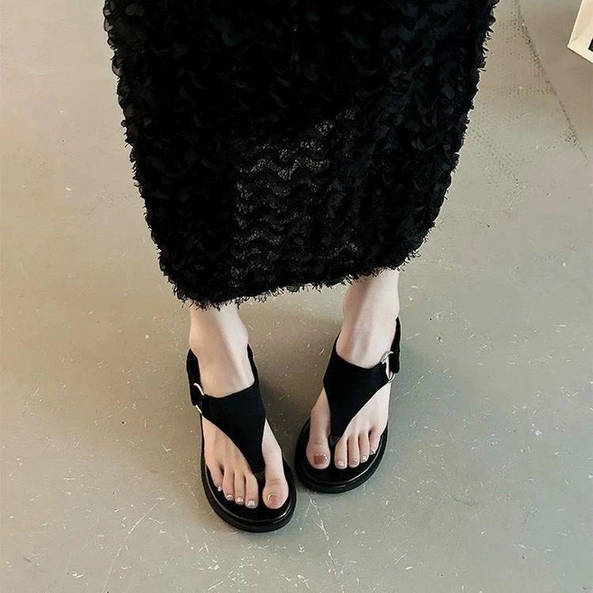 復古 厚底 金屬扣 夾腳涼鞋 女, 黑色,39, 黑色