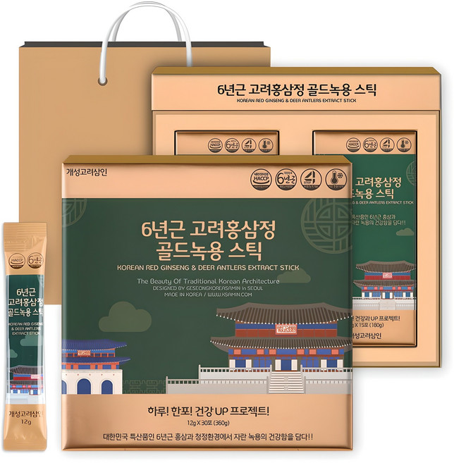 개성고려삼인 6년근 고려홍삼정 골드녹용 스틱 + 쇼핑백 세트, 360g, 1박스