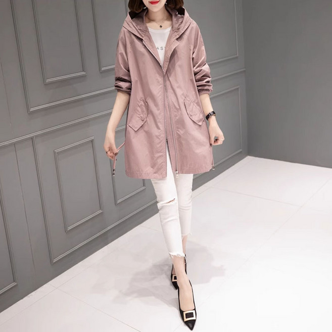 봄 가을 트렌치 얇은 롱 여성 베이직 계절 후드 집업 아우터 기질 캐주얼 포인트 엘레강스 간절기용 아우터 포켓 빅사이즈