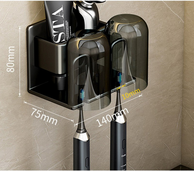 앨오앤지 대형 접착스티커로 튼튼하게 잡아주는 무타공 칫솔걸이+양치컵, 1개, 블랙 2구세트