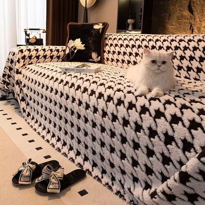 사계절 북유럽풍 입체 자수 소파커버 먼지방지 다용도 덮개 대형 블랭킷 거실 인테리어 패브릭 소품, 1개, 헤링본 패턴 - 흑백