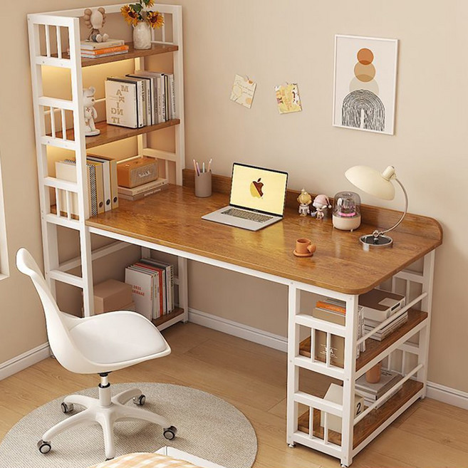 서재 1인용 공부 책장책상 거실 일자형 수납형 사무실테이블, 화이트+브라운