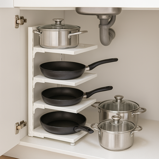 케이랜드 높이조절 냄비 후라이팬 정리대 거치대, 1세트, 화이트, 4단