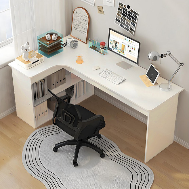 FONOW 컴퓨터책상 대형 L자 코너형 게임 사무용 멀티 테이블 수납형 책상 학습 책상 게이밍책상, 왼쪽, 흰색