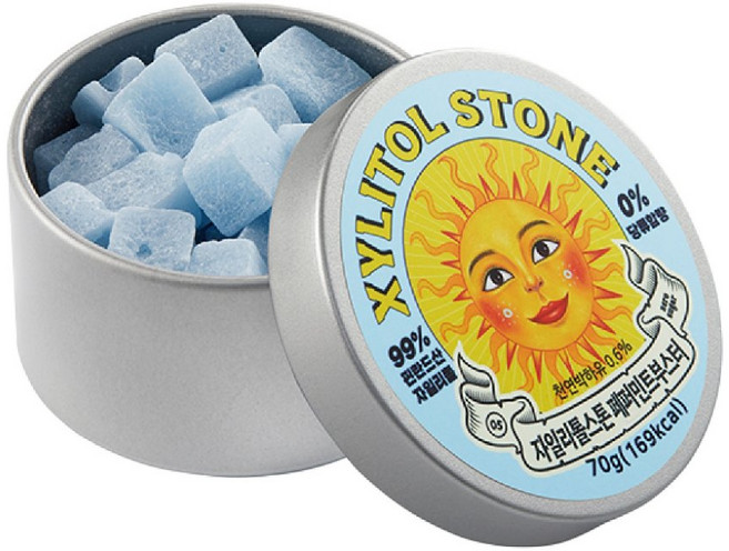 Xylitol Stone 韓國木糖醇小方糖 鐵盒裝, 1個, 【勁涼薄荷】70G/盒 韓國木醣醇小方糖