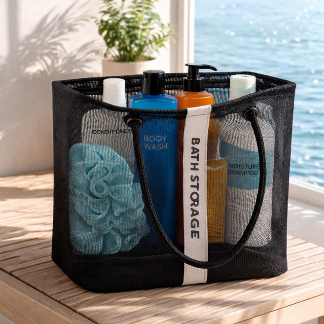 아데트 심플 메쉬 물빠짐 목욕가방 수영가방, 블랙