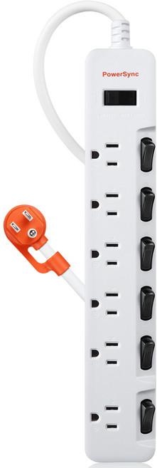 PowerSync 群加 台灣製造 7開6插3P斜面開關防雷擊加大間距電源延長線 TSTS76B918/27/45, 1個, 2.7米TS76B927, 白色, 2.7m