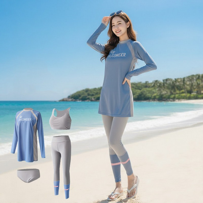 핫핀 샤인 여성 래쉬가드 수영복 4종 세트, 스카이블루