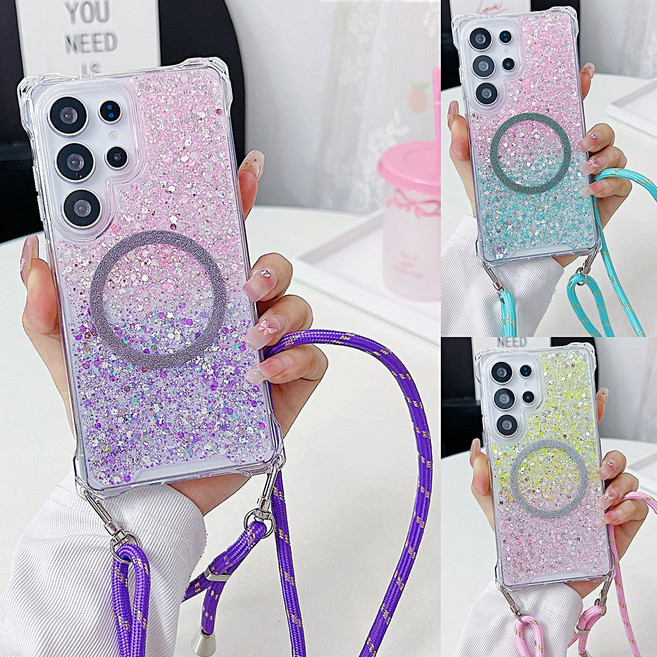 갤럭시 a15 a16 a52 a53 a54 a55 a56 글리터 마그네틱 맥세이프 로프 스트랩 목걸이 투명 젤리 케이스