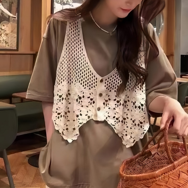 여성 커버업 크톱 니트탑 꽃무늬 민소매 손뜨개 베스트조끼