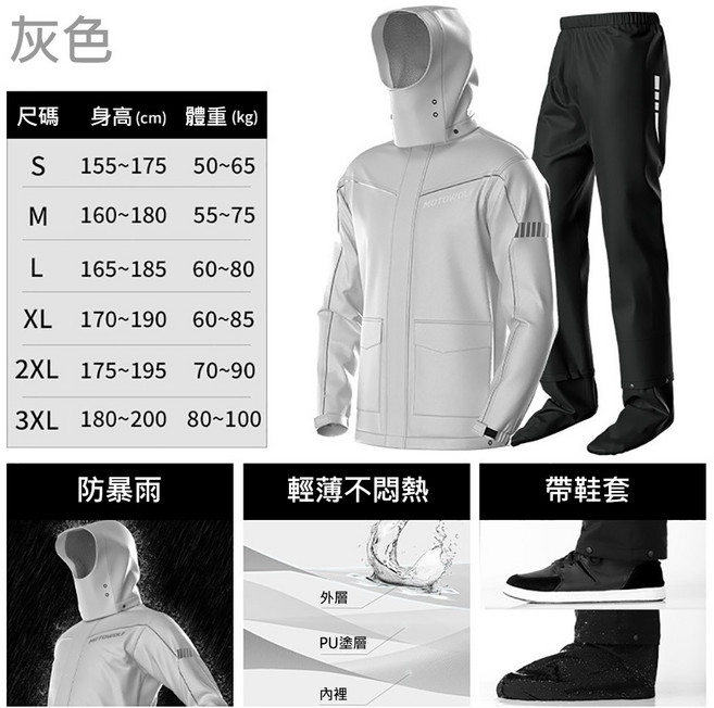 摩多狼 MOTOWOLF 升級款兩件式雨衣 隱藏鞋套設計 加強防水15000 灰色 L號