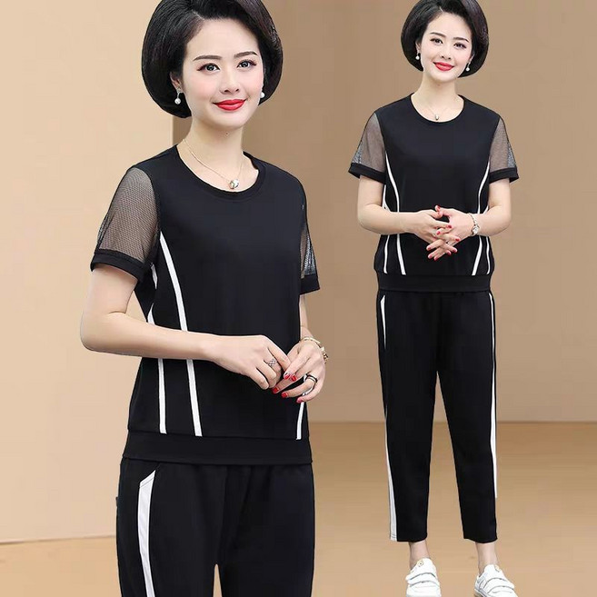 중년 여성 봄 여름 투피스 세트 캐주얼 라운드 망사 반팔 티셔츠 + 팬츠 상하 투피스 루즈핏 엄마 기질 트레이닝 세트 빅사이즈 CY