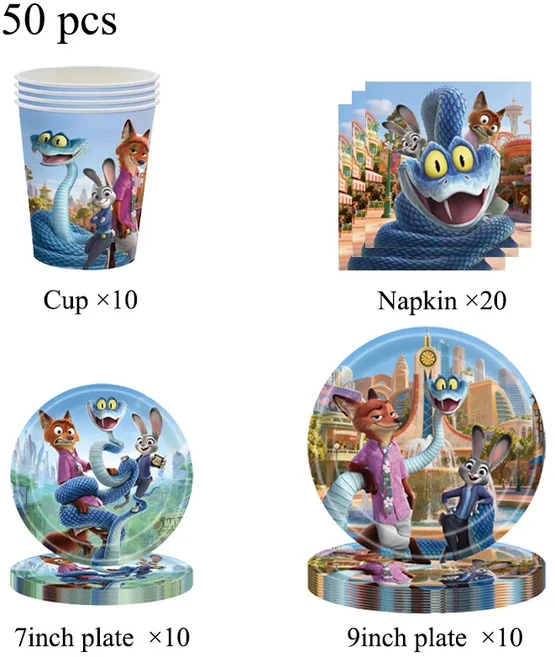 주토피아 닉과 주디 파티 장식 일회용 식기 세트 테이블보 배너 케이크 토퍼 풍선 생일 용품, 13 50pcs