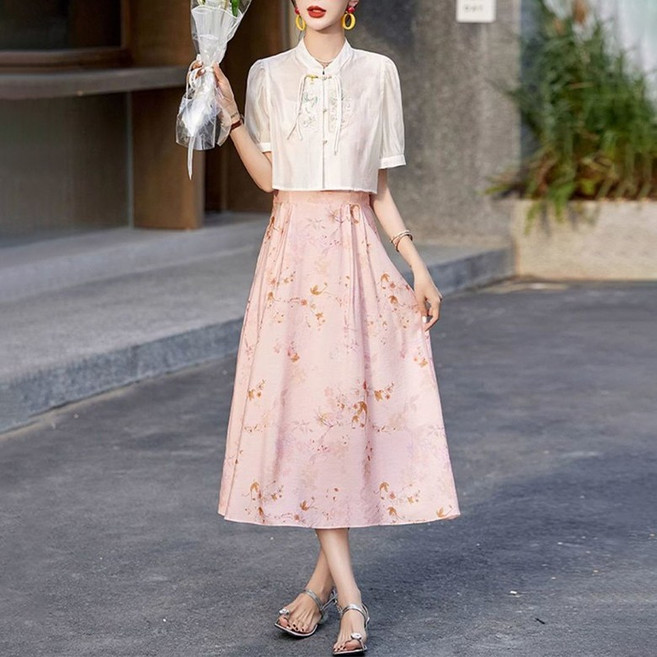 ORZQU 여름 여성 반팔 블라우스 프린트 나시 원피스 투피스 세트 바캉스룩