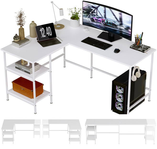 월로덴VORDERN L형 코너형 컴퓨터 책상 선반책상, 프리미엄 화이트