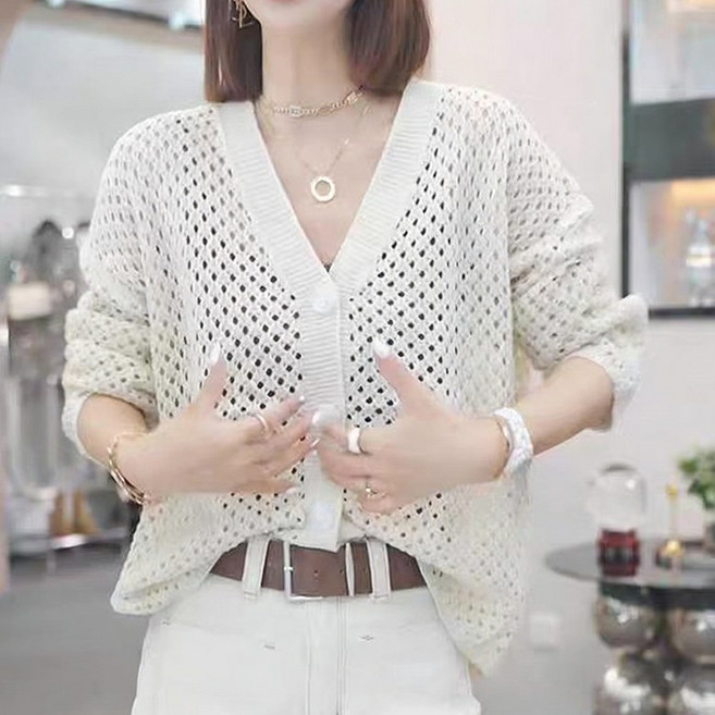 ORZQU 여성 여름 얇은 자외선차단 니트 가디건 루즈핏 브이넥 펀칭 그물 아우터