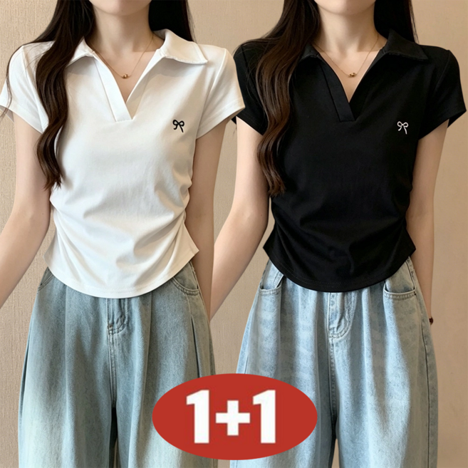 (완전 편한) 여성 여름 [1+1] 초특가 심플 자수 데일리 루즈핏 캐주얼 카라넥 셔츠 반팔 티셔츠