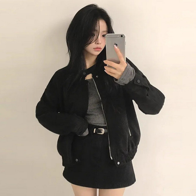 라라홀리 빈티지 스웨이드 하이넥 블루종 점퍼 투웨이 집업 자켓