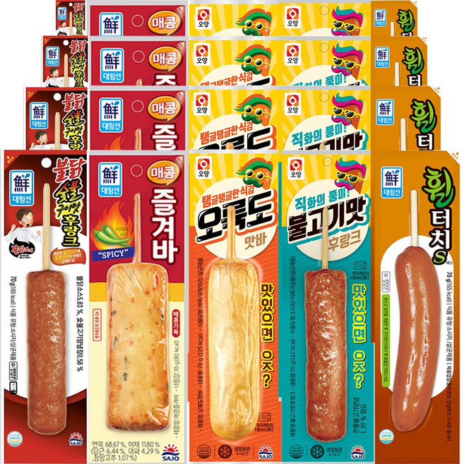사조 핫바 20종 B세트 (불닭숯불4+매콤즐겨바4+오륙도4+불고기맛4+휠터치4), 70g