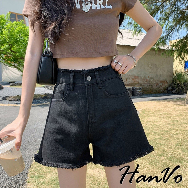HanVo 抽鬚邊A字牛仔闊腿短褲
