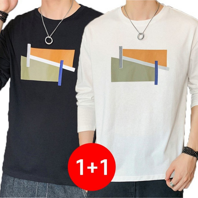 1+1 2025 가을 트렌디 남성 긴팔 티셔츠 오버핏 맨투맨+봄가을 라운드넥 데일리 내복&레이어링 완벽템 (통기성 면소재/빅사이즈 가능)