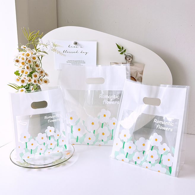 꼬모멜로소 손잡이 투명 비닐 쇼핑백 간식 포장 비닐백, 50매, 1.로맨틱플라워