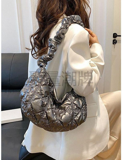 多巴胺包包 亮面包包 雲朵包 抽繩包 手提包 斜背包 銀色包包 肩帶可調節, 極光灰