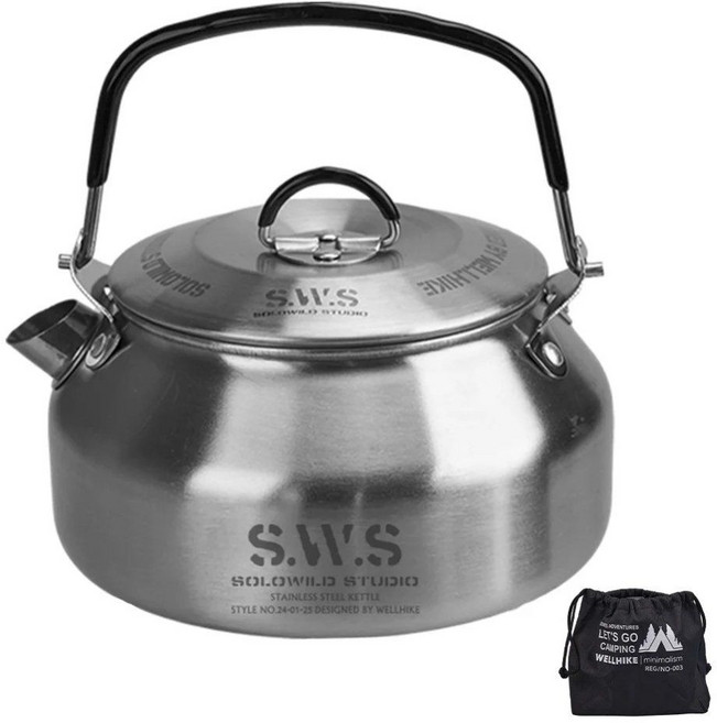 캠핑 휴대용 초경량 스테인레스스틸 물주전자 캠핑용 미니티팟 0.8L, Silver, 1개