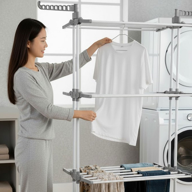 YULIFE 빨래건조대 4단 대형 접이식 튼튼한 이동식 빨래 건조대, 그레이