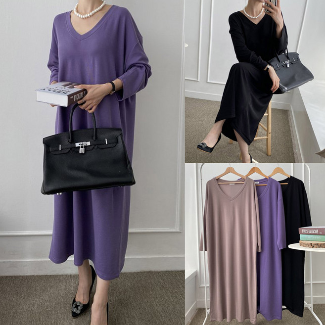 빅사이즈 원피스 브이넥 고급 폴리 스판 롱 ops