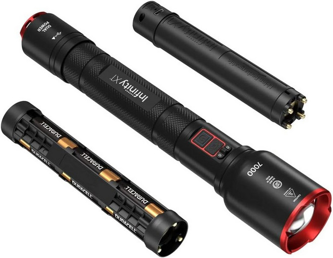 Infinity X1 7000L 듀얼 파워 충전식 손전등 초점 조절 및 열 잠금 기능이 있는 7000루멘 CRE LED, 1세트, 검정