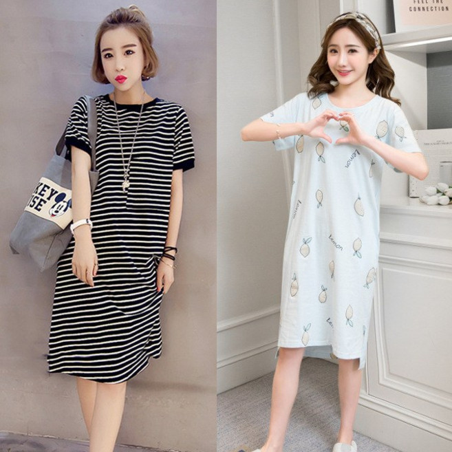 루나버블 데일리 홈웨어 원피스 5color 여자 여성 성인 캐주얼 잠옷 파자마 실내 반팔 롱원피스 롱티셔츠