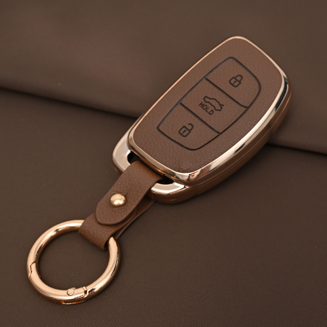 현대 포터 캐스퍼 소나타 호환 TPU 프리미엄 가죽 자동차 스마트 키 케이스 키홀더, 3버튼TL26, 브라운