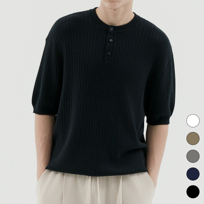 트래드클럽 나루 버튼다운 헨리넥 사계절 반팔 니트 (5컬러 M~5XL)
