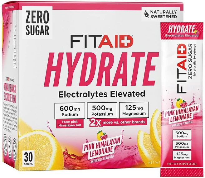 FITAID 하이드레이트 클린 전해질 믹스 무설탕 잡힌 비율 운동 및 활성 나트륨 600mg 칼륨 500mg 마그네슘 125mg 핑크 레모네이드 스틱 30개, 4 Fitaid Hydrate Pink Lemonade, 1.88 Pound Pack of 1 - 쿠팡